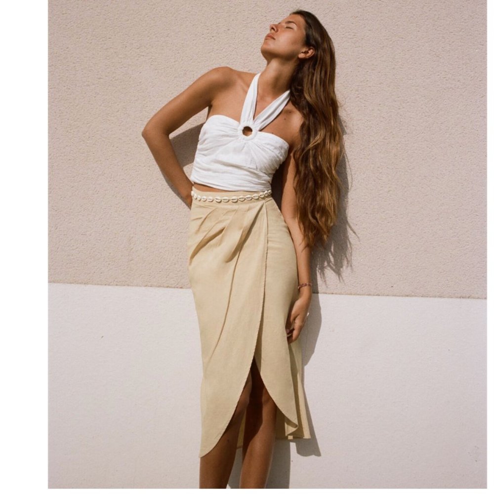 ZARA RUSTIC LINEN BLEND SHELL ACCENT WAISTLINE WRAP MIDI SKIRT $79.90